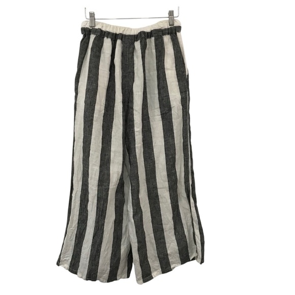Christian Siriano 100% Linen Pants Cropped Wide Leg Small Gray & White Stripes - Picture 2 of 4